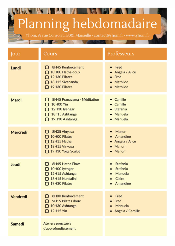planning yoga et pilates yhom marseille