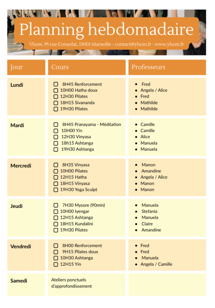planning cours de yoga et pilates yhom yoga studio marseille